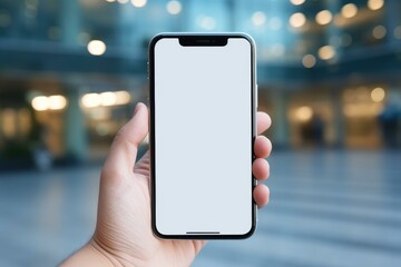 Hand showing modern smartphone with blank white screen in blurred urban background