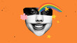 © Lustre Art Group  - Cut-out collage face made of multiple people features with rainbow, stars, and flower doodles on orange. Concept of assembled identity and gender. Educational visuals on inclusive identity