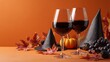 © StudioFF - Halloween Autumn Decor with Red Wine and Witch Hats / 赤ワインと魔女の帽子が並ぶハロウィンの秋の装飾