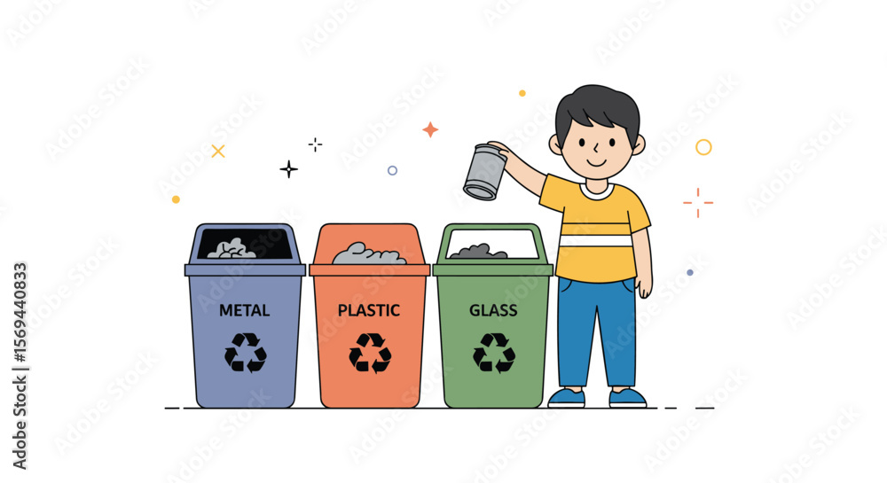 Sorting Garbage Child Young child actively engaged in proper waste sorting and recycling ...