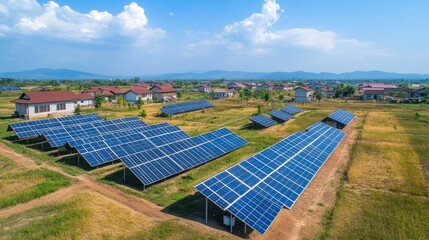 Solar energy array providing power to rural community amidst rolling landscape