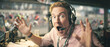 © Shahazadi - Man in headset with surprised expression and raised hands in broadcasting booth