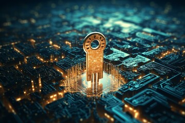 Wall Mural - golden key standing on a microchip, symbolizing cybersecurity and data protection in a futuristic te