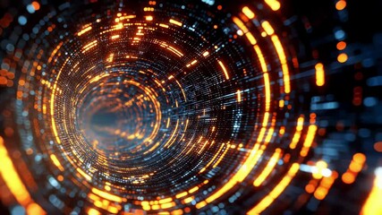 Wall Mural - rotating orange and blue digital tunnel with flowing data creates a futuristic technology background