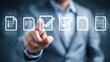© stang - Professional Businessman Interacting with Digital Checklists and Documents on a Futuristic Screen in a Modern Office Environment