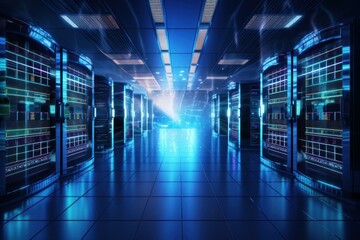Wall Mural - data center server room hosting digital information and database technology with glowing lights