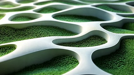 Abstract Green Landscaped Terrain with White Structures: Modern Design Visualization
