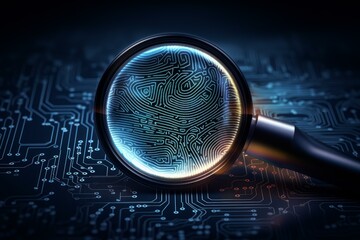 Wall Mural - fingerprint under magnifying glass on circuit board, representing cybersecurity and data protection 