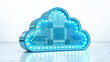 © S.W. - Cloud network connect cable memory concept with glowing blue circuit board shaped like cloud on white surface
