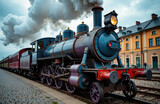 Vintage steam locomotive pulling train on railway tracks with historic buildings in background