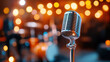 © pipop - Minimal jazz, Vintage jazz microphone with blurred instruments in the background.
