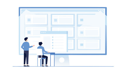 Two developers collaborating on a project displayed on a large computer screen interface design tool