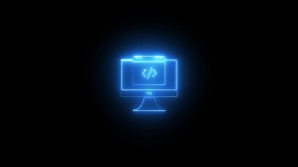 Neon computer screen with code symbol glows on black background animation for software development and programming projects