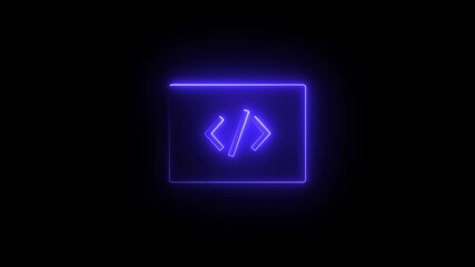 Neon computer screen with code symbol glows on black background animation for software development and programming projects
