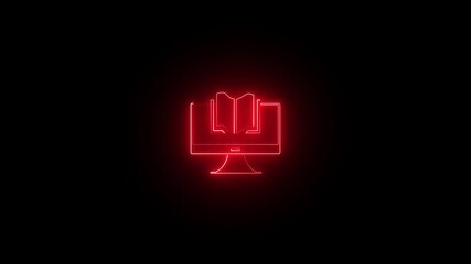 Neon style computer screen with code and book animated on a black background