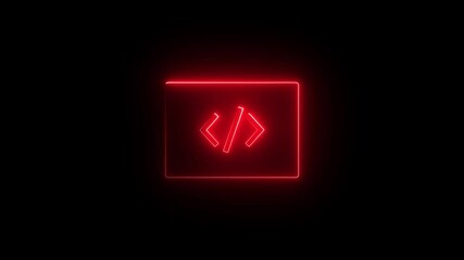 Neon computer screen with code symbol glows on black background animation for software development and programming projects