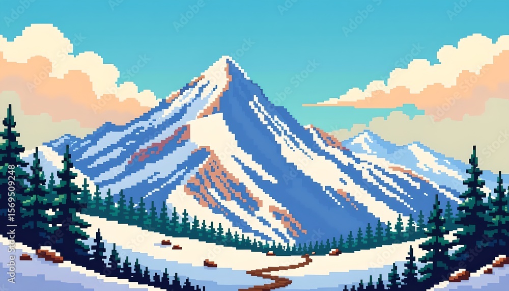 the image is a stylized pixel art representation of a mountainous ...