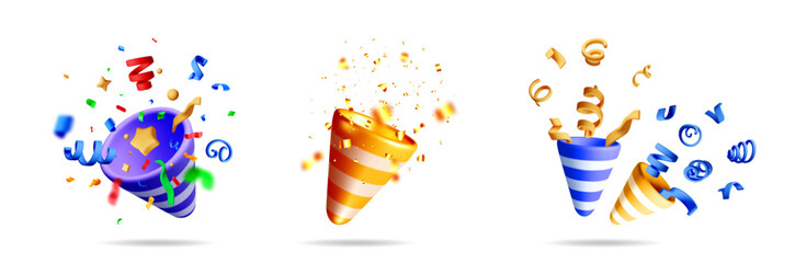 3d vector collection of three party poppers with exploding colorful confetti and ribbons for celebration event.