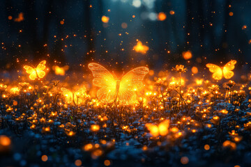 Wall Mural - field of flowers with a glowing butterfly in the center. the butterflies are lit up and appear to be