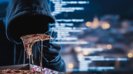 Wall Mural - midnight pizza: a cloaked figure in a hoodie, hunched over a pizza slice, in a cyberpunk nightscape,