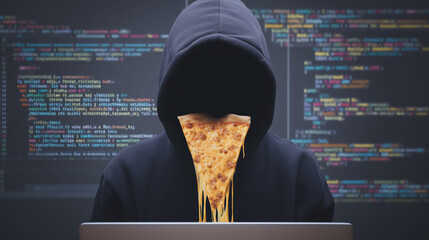 Wall Mural - hacker eating pizza: a hooded figure, obscured by shadow, sits before a laptop screen displaying lin