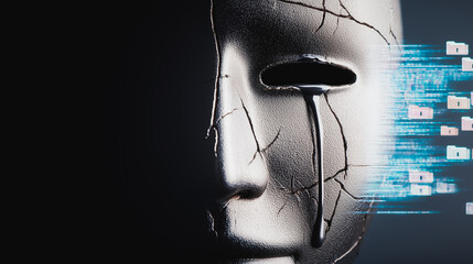 Wall Mural - unmasking secrets: a cracked mask reveals a cascade of digital data, symbolizing the exposure of hid