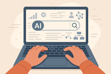 Hands typing on laptop with AI search engine. Concept of artificial intelligence, machine learning, big data analysis, chatbot, smart technology, and information processing. Vector.
