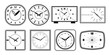 © Elegant Solution - Set of clock outline. Vector round and square watch for table and wall. Desktop classic timepieces collection. Home interior design element or house decoration. Icon for timekeeping and punctuality.