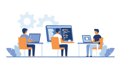 Three programmers working at their desks with laptops and a large monitor showing code, gears in background