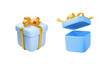 © lightgirl - 3d realistic vector icon of blue gift box. Opened and closed gift boxes Set of white gift boxes with yellow golden ribbons bow. Present box isolated on white background.