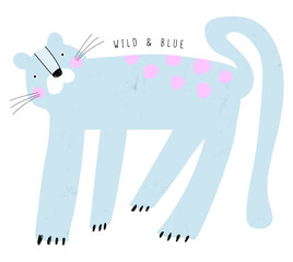 Wall Mural - wild and blue. funny blue leopard with pink dots on its back. childish hand drawn vector illustratio