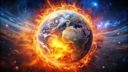 Wall Mural - fiery cosmic explosion engulfing planet earth