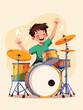 © Gustina - A young boy joyfully playing a colorful drum set in a flat