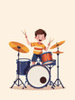© Gustina - A young boy joyfully playing a colorful drum set in a flat