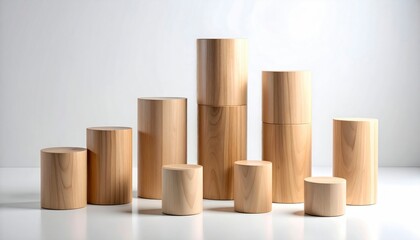 Wall Mural - vertical arrangement of wooden cylindrical blocks in varying heights on white studio background