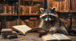 © Наталья Лазарева - Raccoon wearing small glasses flipping through books in a library, symbolizing curiosity, intelligence, education, and a whimsical charm in a cozy and academic environment