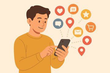 Young man using smartphone for social media. Person browsing mobile with notification icons for like, comment, email, online shopping, location. Digital communication concept.