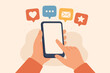 © IsarStudio - Social media interaction concept with hands holding smartphone, notification icons for like, message, email, comment, star, communication, mobile app interface illustration