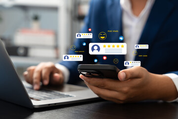 Canvas Print - Online customer satisfaction Survey service concept, client rate service from experience in application,Consumer give five-Stars and feedback review for quality, Business reputation ranking from buyer