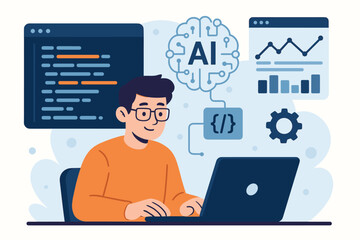 Artificial intelligence in software development. Programmer using AI assistant for coding and data analysis. Concept for machine learning, code generation, and automation vector.