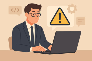 Businessman, IT professional, or programmer using a laptop with a prominent triangle caution warning sign, illustrating notification error and system maintenance concepts. Modern flat design.