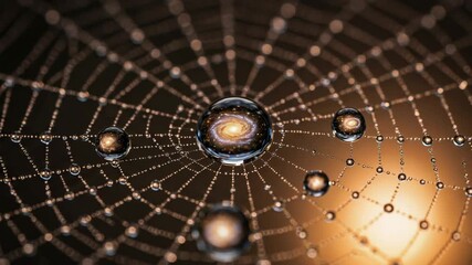 Intricate spider web adorned with droplets at sunset