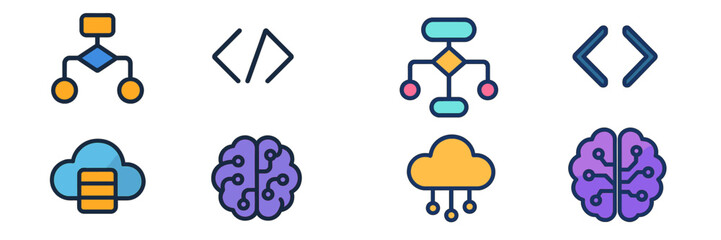 colorful icons representing various aspects of technology and programming in a modern digital design