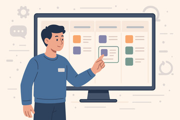 Agile project management for software development. Man using Kanban or Scrum board on a computer screen. Workflow process and visual task organization tool framework concept.