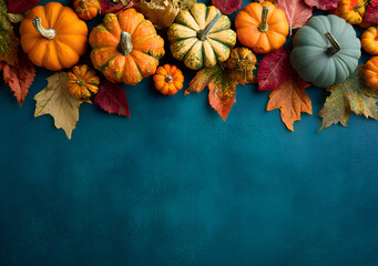 Poster - A festive autumn arrangement of pumpkins and colorful fall leaves creating a border on a deep teal background for seasonal greetings