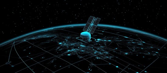 teal-toned satellite orbits earth with illuminated cities and grid lines in dark space