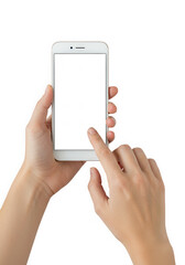 Person holding and touching a white smartphone with a blank screen isolated on transparent background