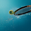 © master1305 - Tennis ball striking a racket with water splashing around on a blue background. Concept of energy management and sustainable motivation. Sensitive content for sport ad