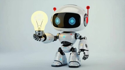 Wall Mural - robot with glowing idea: a friendly, cartoon-style robot holds a glowing light bulb, symbolizing inn