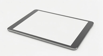 Tablet device lying on a flat surface. The tablet has a dark border around its screen and is displayed at an angle. The screen is blank and the overall design looks minimalistic and modern.